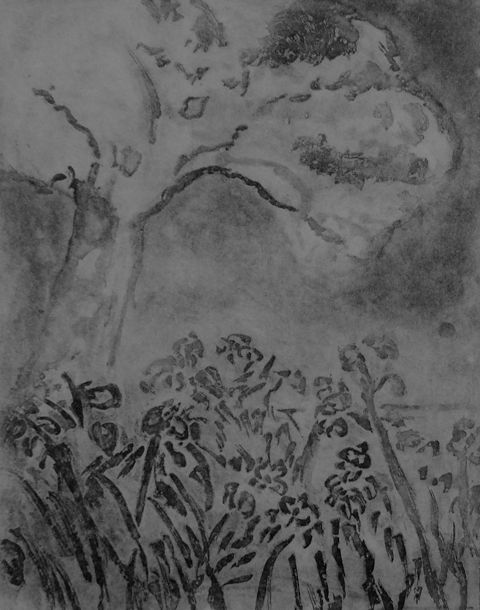 black and white etchings of garden scene
