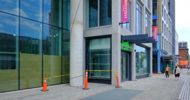 Mirvish village development on southwest corner of bloor and bathurst, glass and steel with some concrete, standard new condo street level design