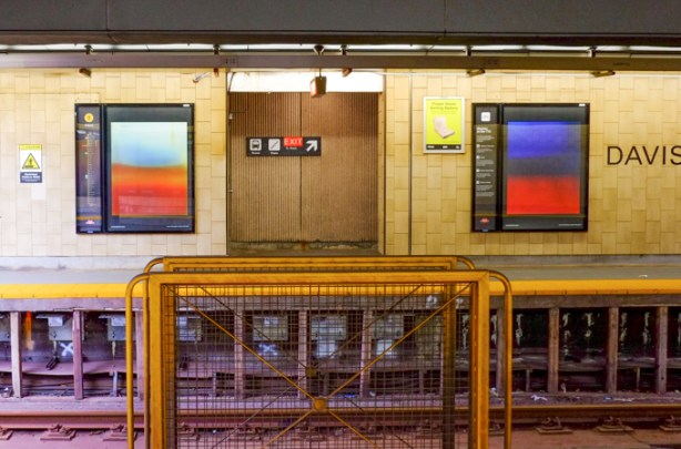 looking across the TTC subway tracks to the platform on the other side, on the northbound side of Davisville station, two images by Laure TIberghien, part of Contact Photography festival