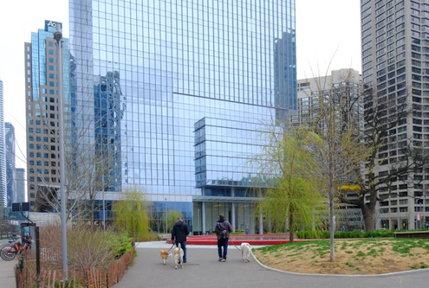 two men walking their dogs on a path into love park, large glass building behind, red low wall around the pond in the middle of the park