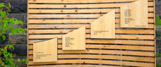 poetry, on wood, on a wood wall in a garden, heart garden, 