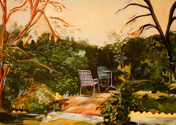 lawn chairs, night garden effect, paintings by Emmanuel Osahor, walls painted in garden scene in blues, other paintings of outdoor garden scenery hung on top of the blues