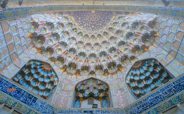 muqarna in madrassa in bukhara uzbekistan, photo in an exhibit in Aga khan park, by Glenn McArthur