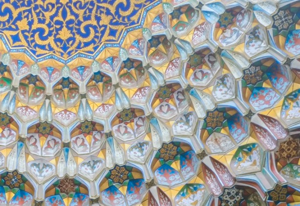 closer detail of part of muqarna in madrassa in bukhara uzbekistan, photo in an exhibit in Aga khan park, by Glenn McArthur