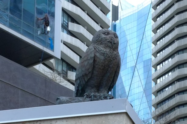 small sculpture of a realistic looking grey owl sits perched on a roof overlooking love park. a window washer works on the building behind the owl