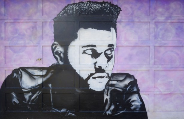 mural, portrait of a man on a purple background