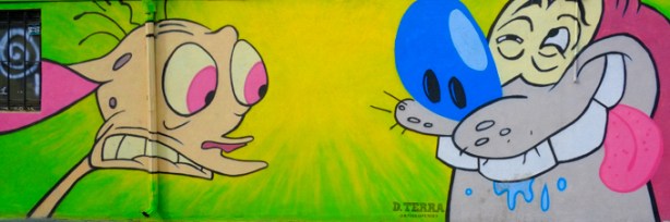ren and stimpy from Nickelodeon TV in the 1990s, in a mural
