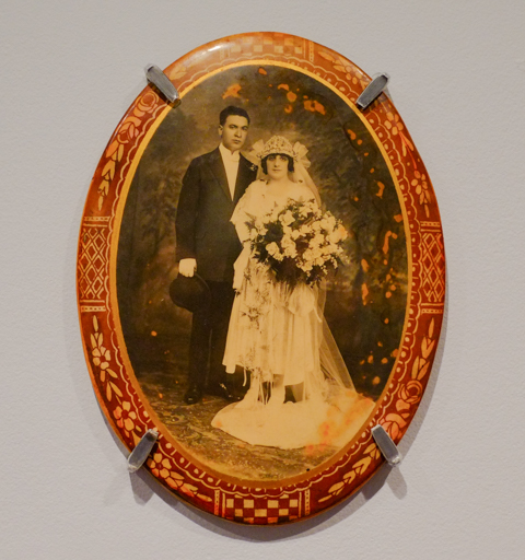 portrait of bride and groom in a fancy oval frame, from Something Old Something New, a collection of wedding photos over the years, collected by Stephen Bulger and Catherine Lash, and then donated to the TMU Image Centre