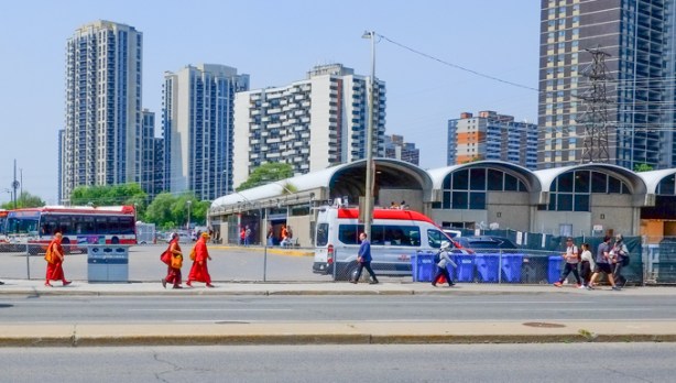 buddhist monks and other pedestrians, walking on sidewalk on islington past islington subway station, curved roof of bus bays at station, ttc, highrises in the background