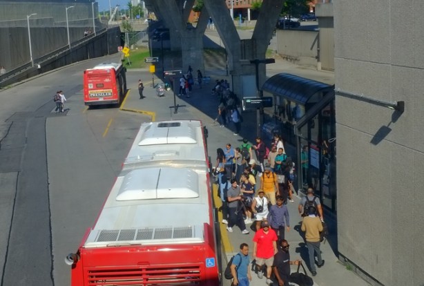 TTC buses loading and unloading at Scarborough Town Centre, seen from above, from the walkway between station and Scarborough Town Centre