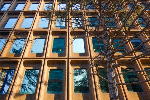 reflections in the windows of a 1970s concrete building, vertical windows with deeply recessed windows