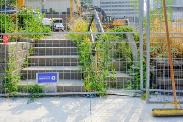 2 old sets of stairs, side by side, once lead to houses, houses now demolished, stairs now behind construction fence, diggers and other equipment in the background