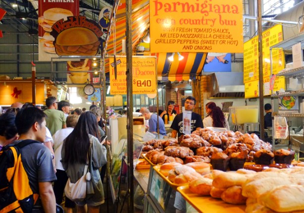 bakery and sandwich counters at saint lawrence market - parmigiana on a country bun, or a pea meal bacon sandwich,