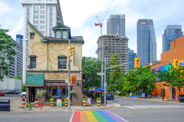 O'Gradys tavern on Church street, with rainbow crosswalk in front of it