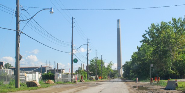 Unwin Ave looking east towards the Hearn generating station and its very tall smokestack