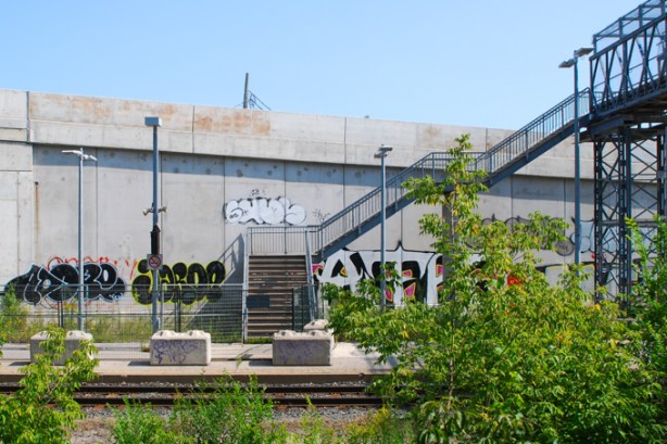 looking across tracks at oriole GO station, near new pedestrian bridge over the tracks