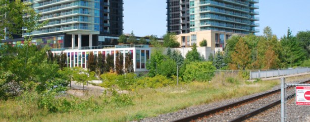 looking northwest across railway tracks just north of oriole go station