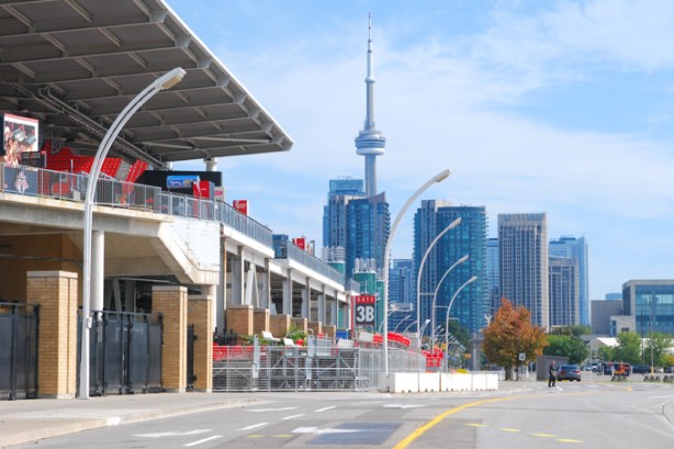on Exhibition grounds, south end of BMO field, looking east towards CN Tower and downtown Toronto