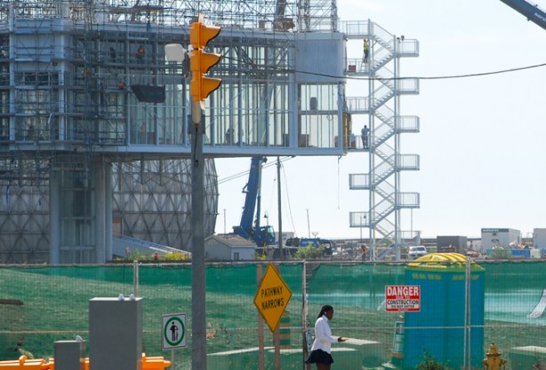 ontario place under renovation, exterior stair with workmen on it 