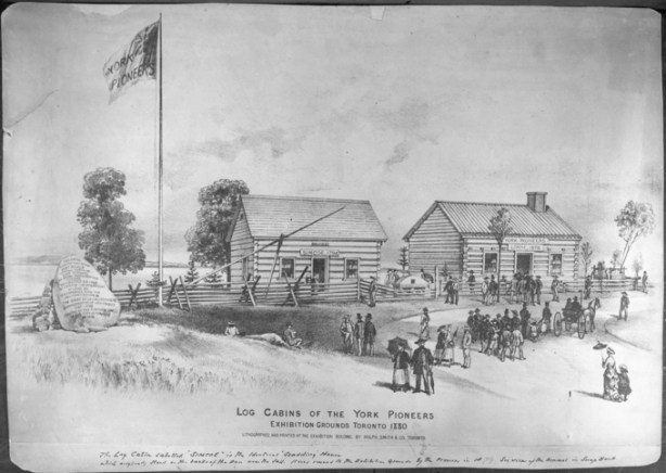 old black and white photo of a drawing of two cabins, at an exhibition, in 1880 