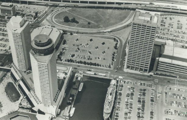 1984 black and white aerial photo of westin hotel on queens quay, plus toronto star building at 1 yonge street, waterfront, from Toronto Public Library