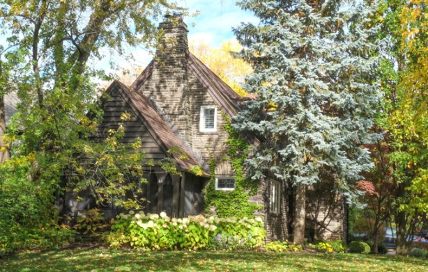older stone house with brown wood addition, ivy covers on of the walls, stone chimney, large blue spruce tree growing beside the house