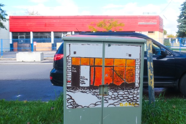 orange painting on a metal bell box, car parked behind it, boarded up business in the background with for sale sign on it, painted by D. Drew