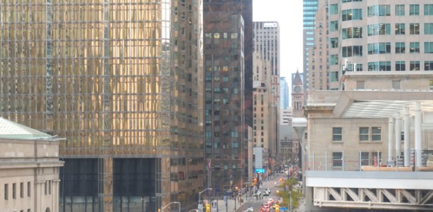 from new CIBC park above railway tracks, looking north up Bay street towards old City Hall. 