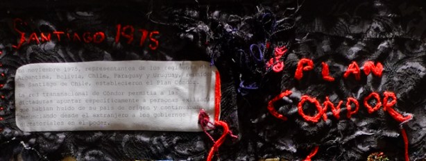 part of the text printed on fabric from an artwork, detailing the Plan Condor, Santiago in 1975, 50th anniversary