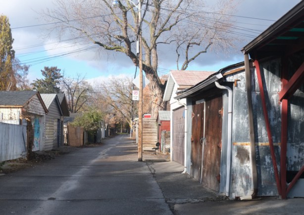 looking north up an alley with garages, tree with no leaves, november weather,