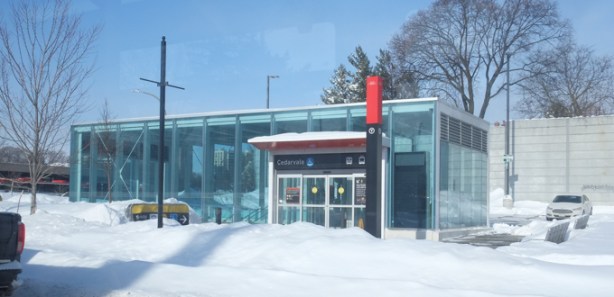 new Cedarvale subway entrance, glass, in winter