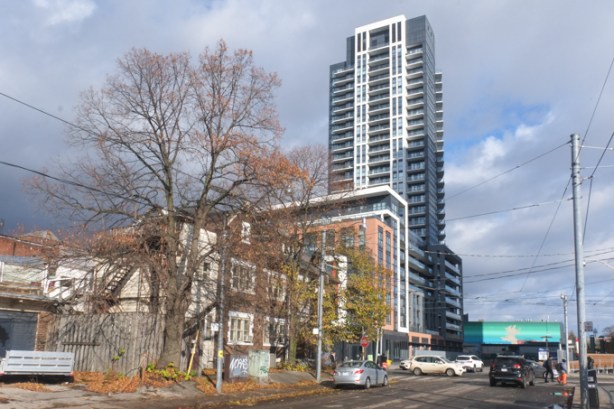 edna avenue, residential street with tall condo at the end, looking east towards Dundas St.,