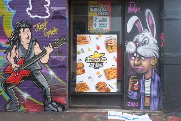 elicser elliott painting of a woman in rabbit ears, drinking a can of pop