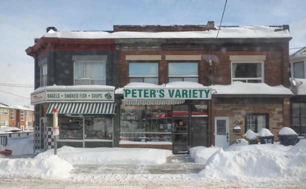 Peter's Variety store on Oakwood, beside a bagel store, winter, lots of snow