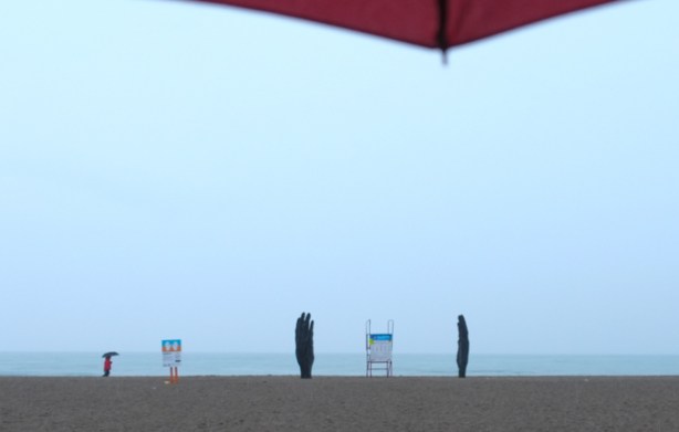 looking from boardwalk across beach to Lake Ontario