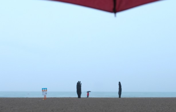 winter stations, public art installation at Woodbine beach, in late March, no snow,