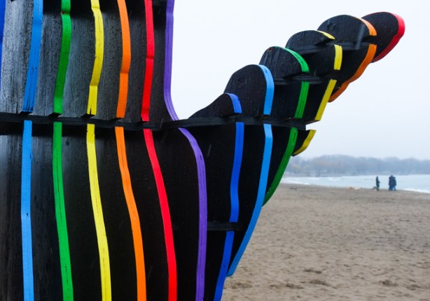 winter stations, public art installation at Woodbine beach, in late March, no snow, title is embrace, designed by Will Cuthbert