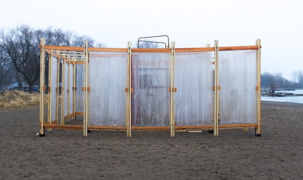 winter stations, public art installation at Woodbine beach, in late March, no snow, title is glaciate, made of polycarbonate panels filled with water that freezes to ice