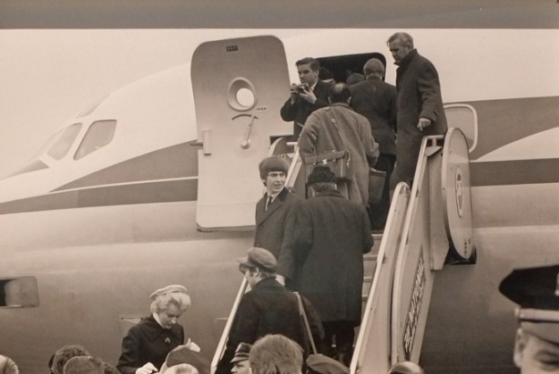 PanAm airplane, New York City, Beatles in USA for the first time, image, black and white