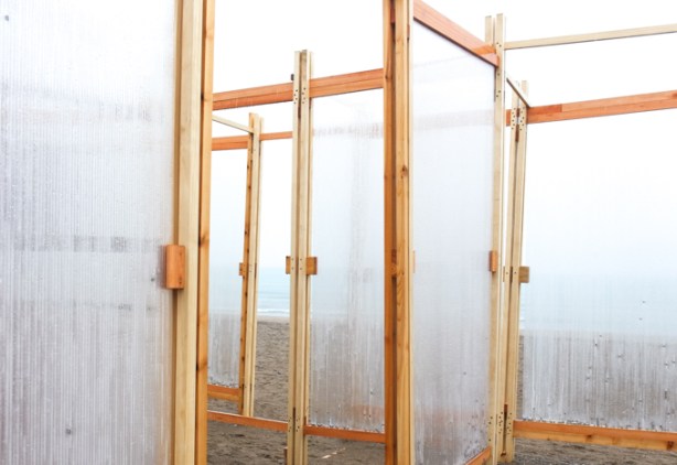 winter stations, public art installation at Woodbine beach, in late March, no snow, title is glaciate, made of polycarbonate panels filled with water that freezes to ice