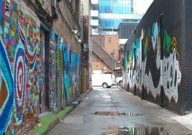 looking north up biscuit lane, street art or urban art on both sides