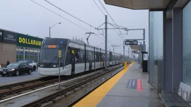 Eglinton LRT train in a station, above ground, Scarborough