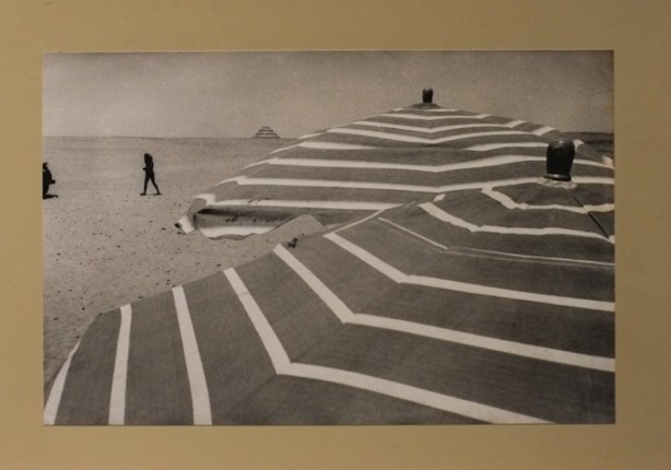 black and white photo on gallery wall by Ernst Haas, on set during production of film 'Land of the Pharaohs'