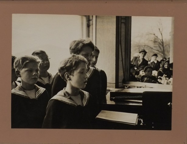 black and white photo on gallery wall, by Erich Lessing, 1955, boys in Vienna Boys Choir