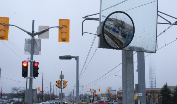 traffic lights, mirrors, traffic, along eglinton avenue in scarborough