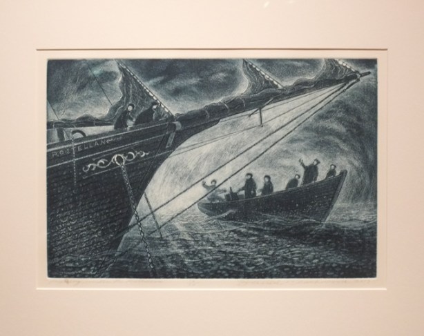 monochromatic print, black and white, by David Blackburn of a smaller boat with many people in it, passing under the prow of a larger ship called Rostellan