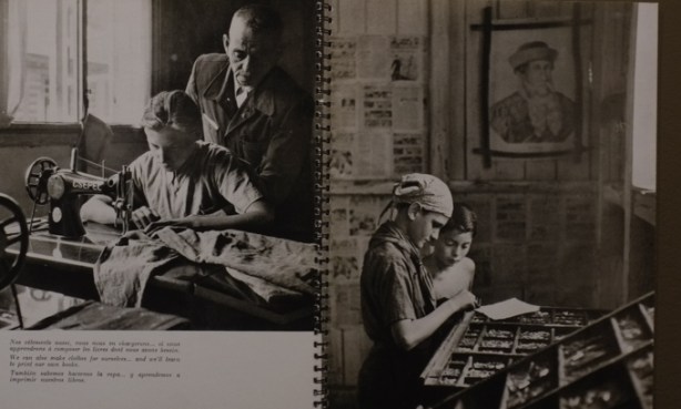 black and white photo by David Seymour, children learning skilled trades, sewing, printing