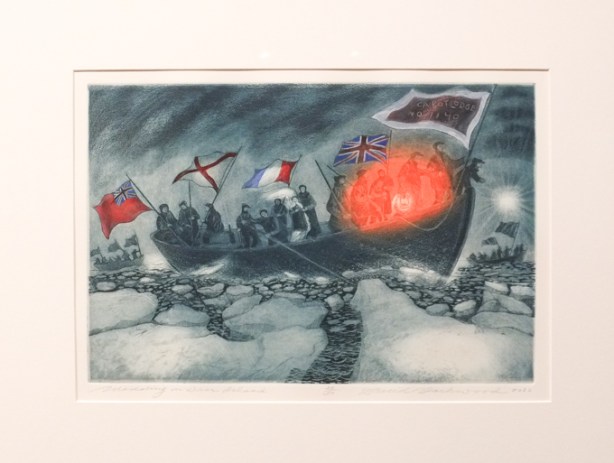 wedding on deer tisland, etching by David Blackwood from 2020, with added aquatint and watercolour, a boat ful of people navigates among chunks of ice in the water, people on the boat are waving flags