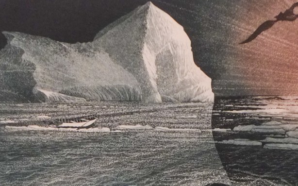 upper portion of The Great Peace of Brian and Martin Winsor, large iceberg, small empty boat