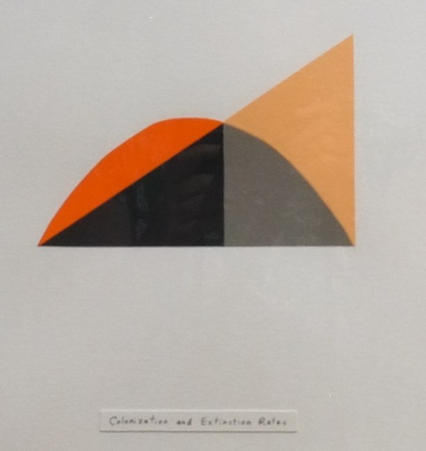 in an art gallery, little diagram in oranges and black with title colonization and extinction rates